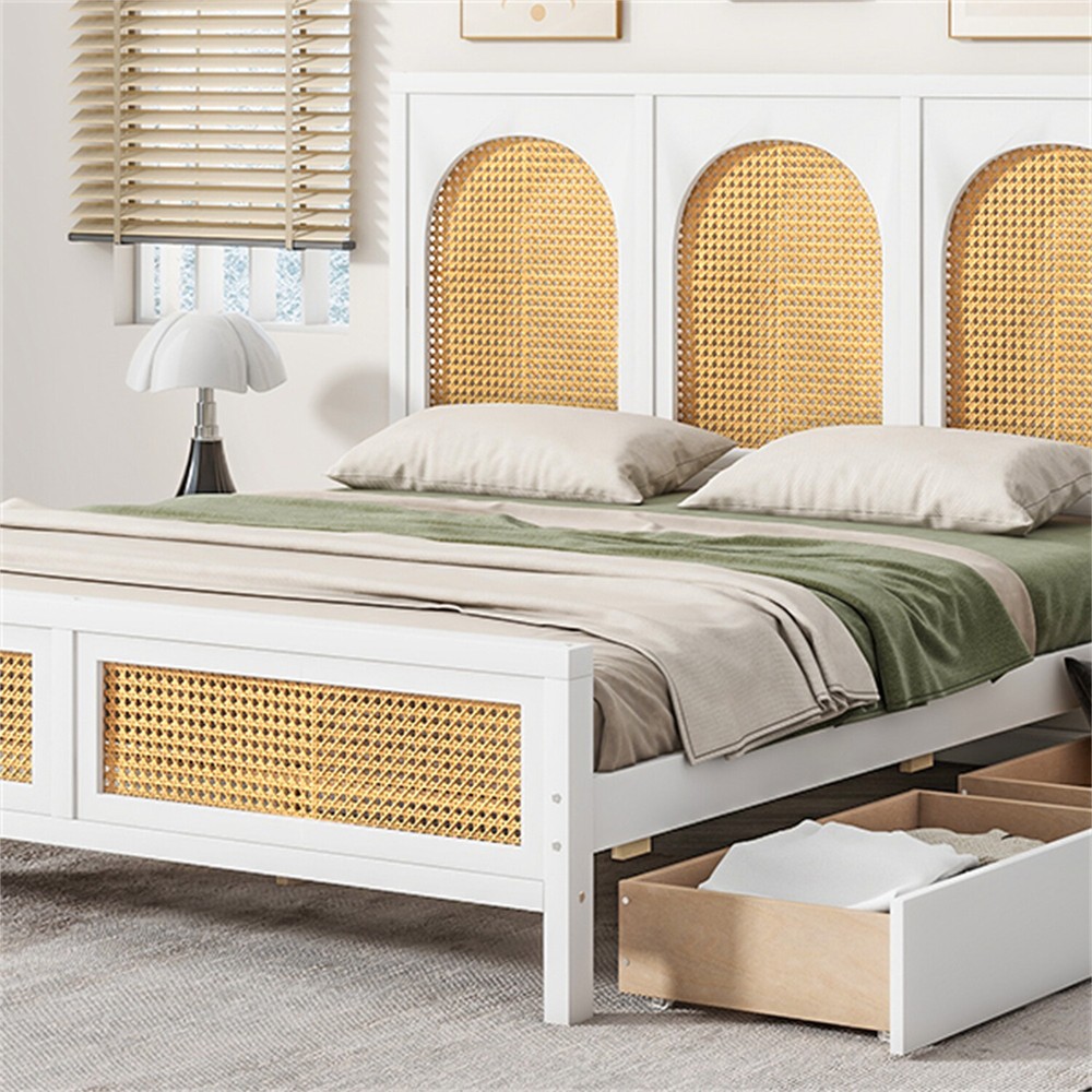 Full Size Bed Frame Wooden Platform Bed Frame w/ Headboard & 2 Drawer White