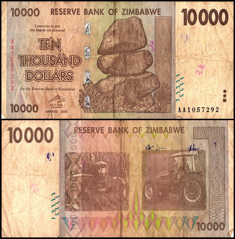 Zimbabwe 10000 Dollars, 2008, P-72, Damaged