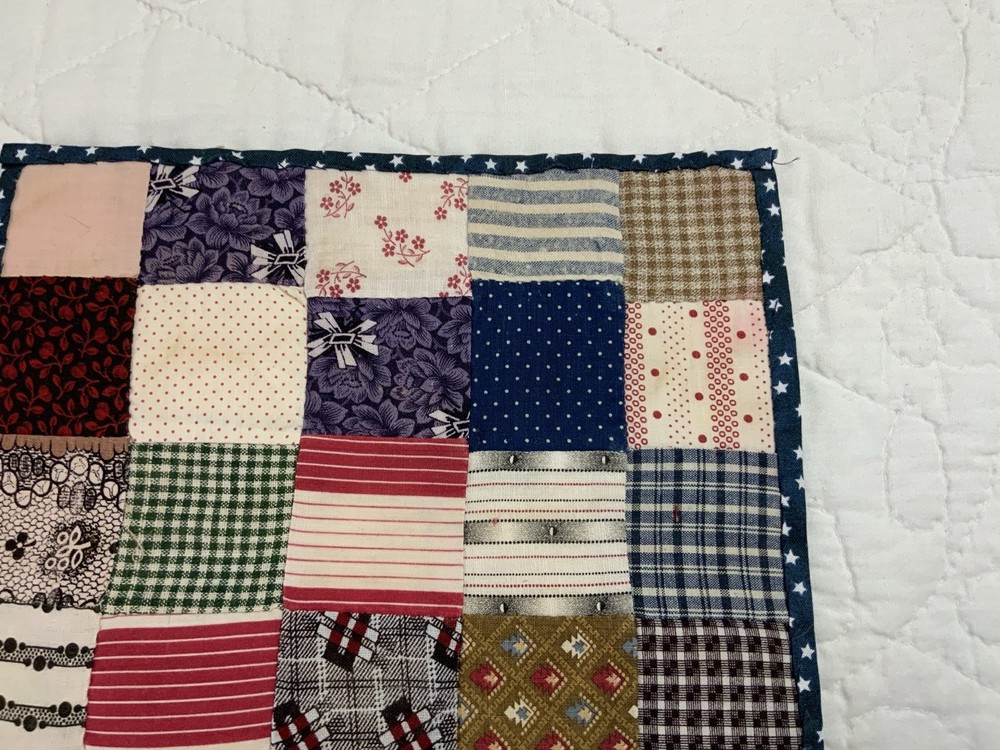 Antique Patchwork Quilt Table Topper, Rectangle, Four Patch, Early Calico Prints