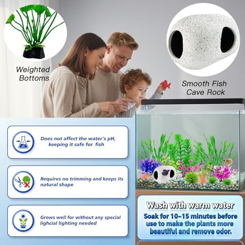 Aquarium Decorations Set, 16Pieces Artificial Plastic Plants & Smooth Fish