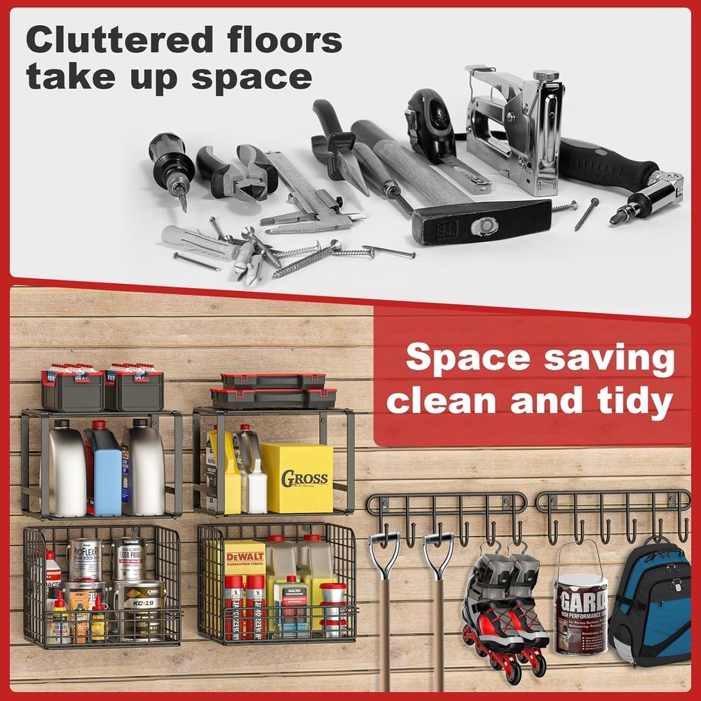 Wall Mounted Garage Storage Shelves with Wire Baskets - Dust Resistant & Durable