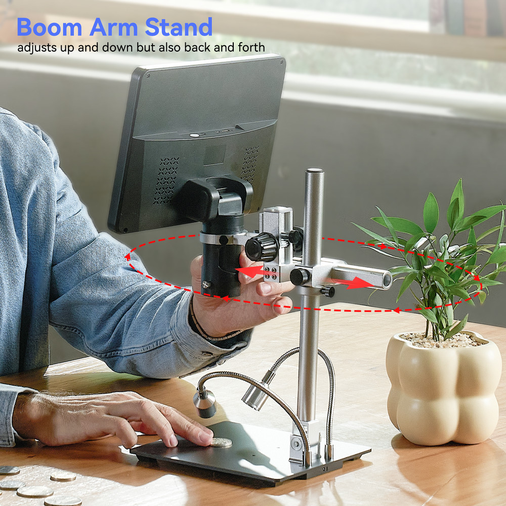 TOMLOV 10" Digital Microscope HDMI 2000X 3*Lens & Boom Arm Stand Coin Microscope