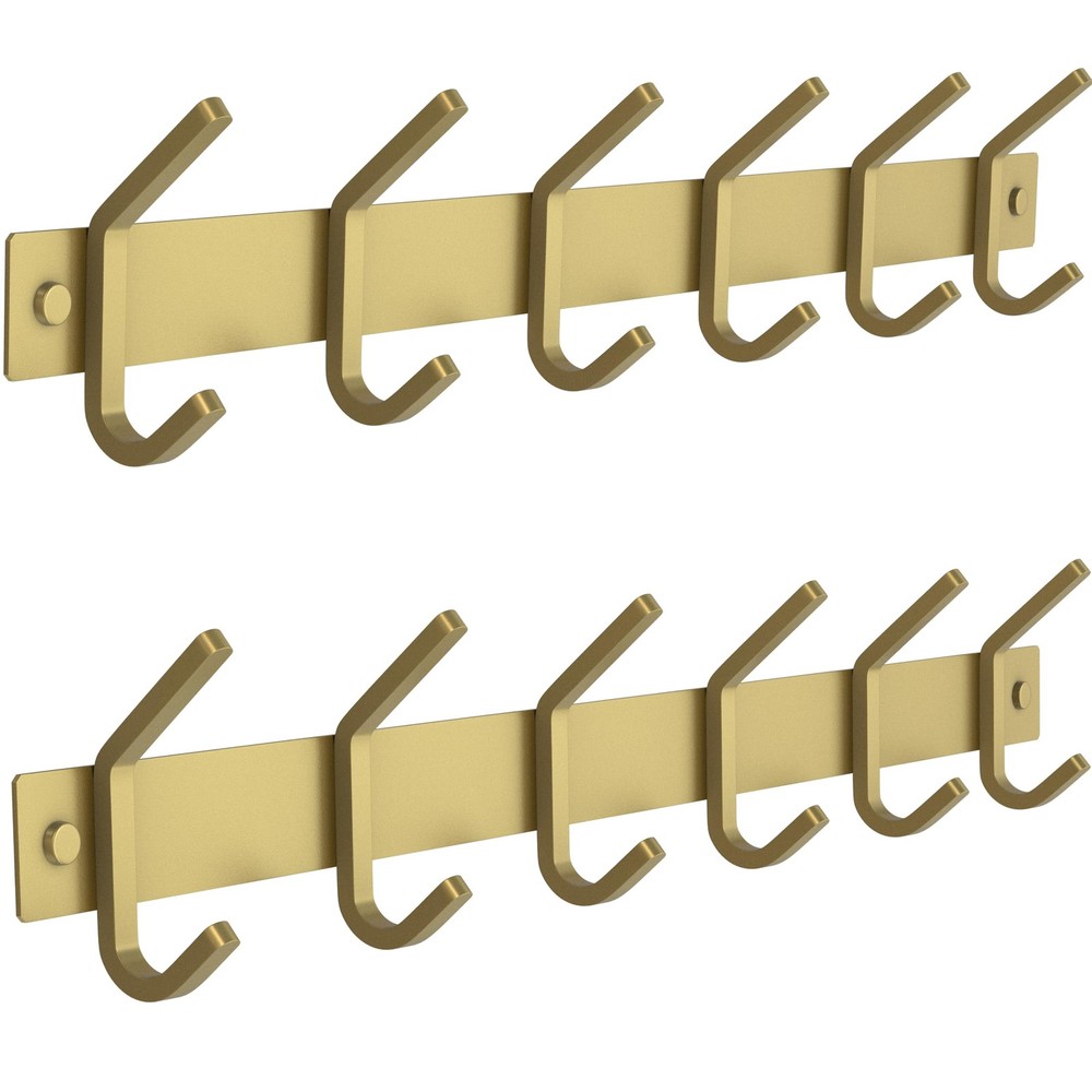 Brushed Gold Wall Mounted Coat Rack 2-Pack 17" Stainless Steel with 6 Hooks