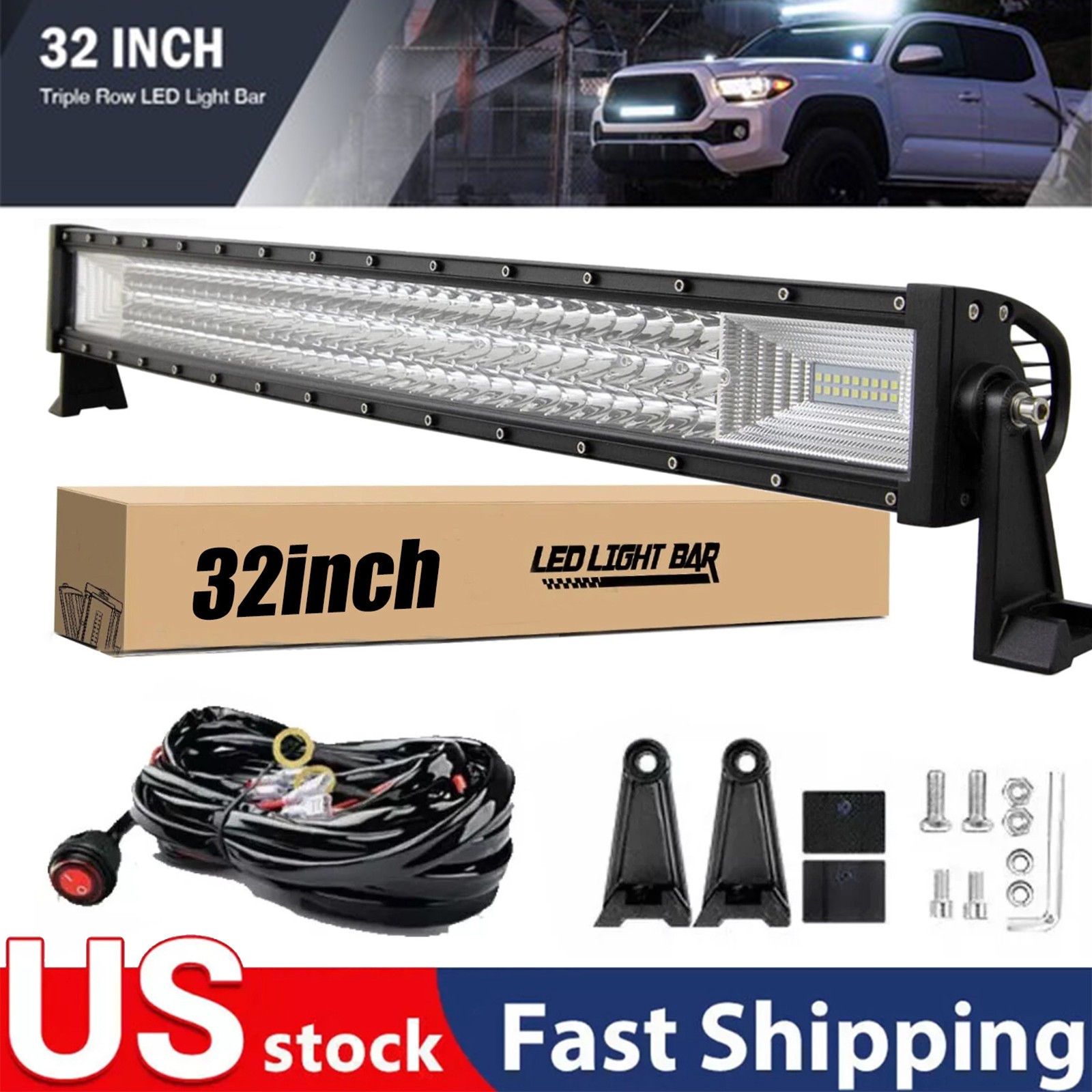 32 Inch LED LIGHT BAR Tri Row Spot Flood Combo Truck Offroad 4WD ATV SUV Light