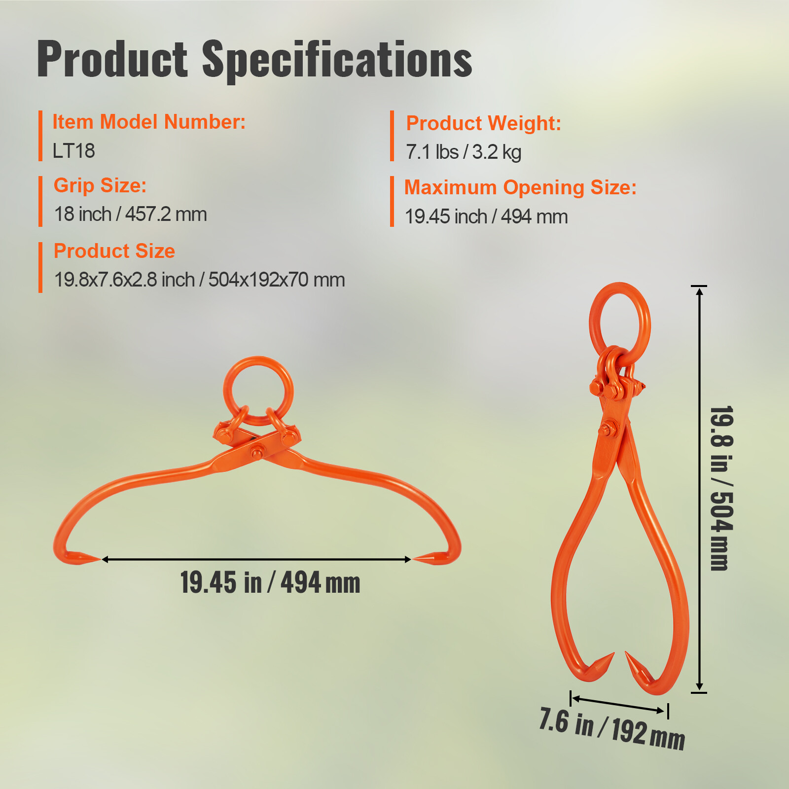 VEVOR Log Skidding Tongs 18 inch 2 Claw Log Lifting Tongs Heavy Duty 772 lbs