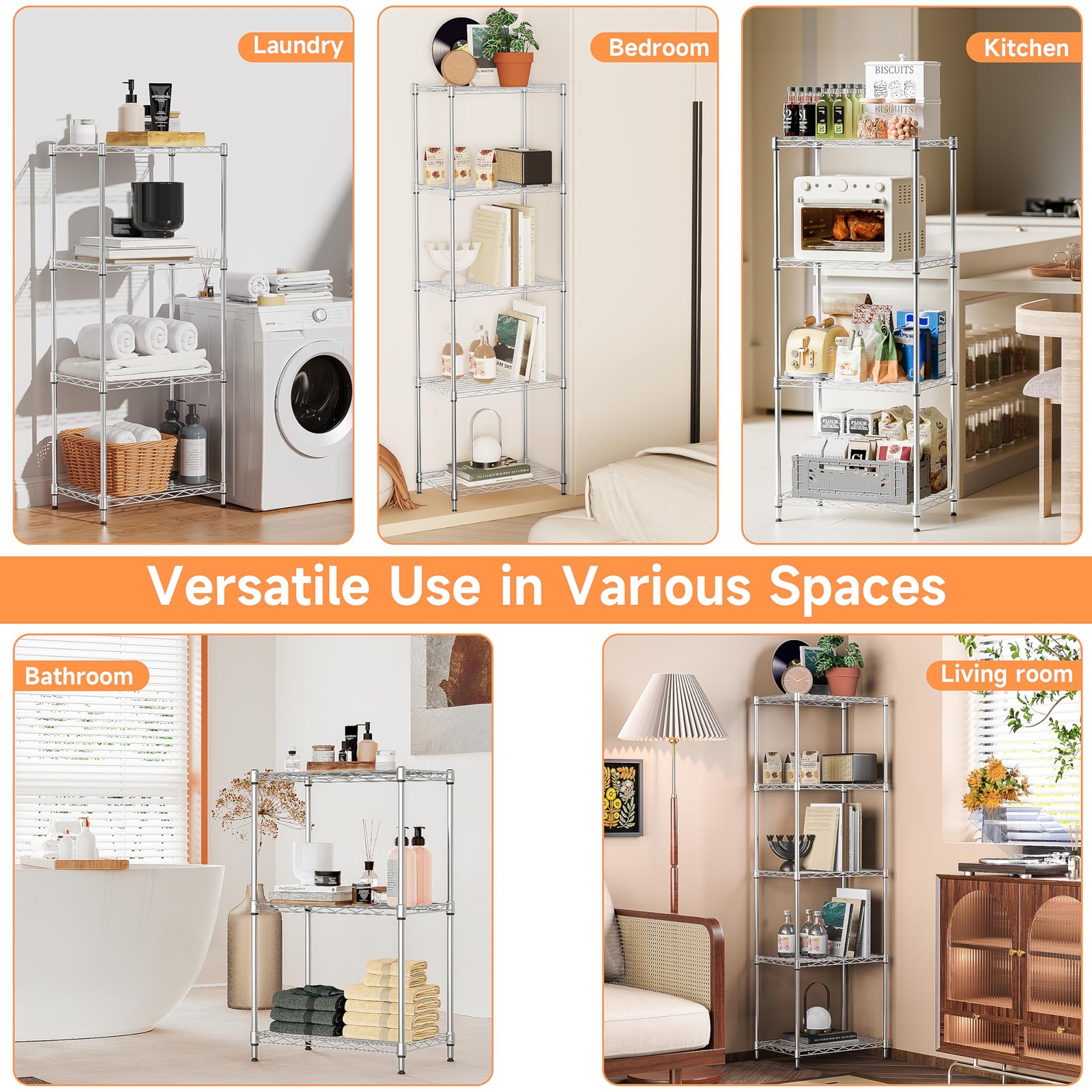 5 Tier Metal Storage Shelves Adjustable Chrome Wire shelves Industrial Shelves