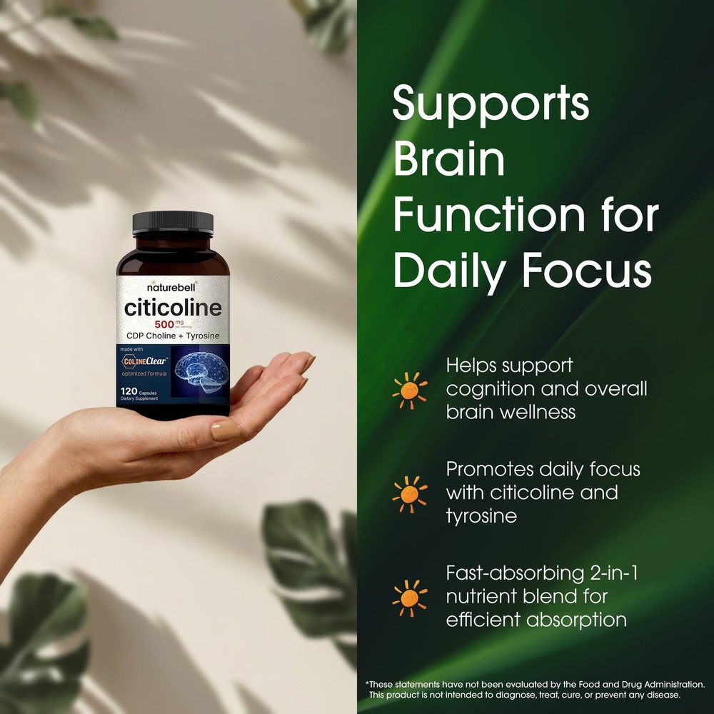 Citicoline 500mg 120 Capsules NatureBell Brain Function Support Adults Memory