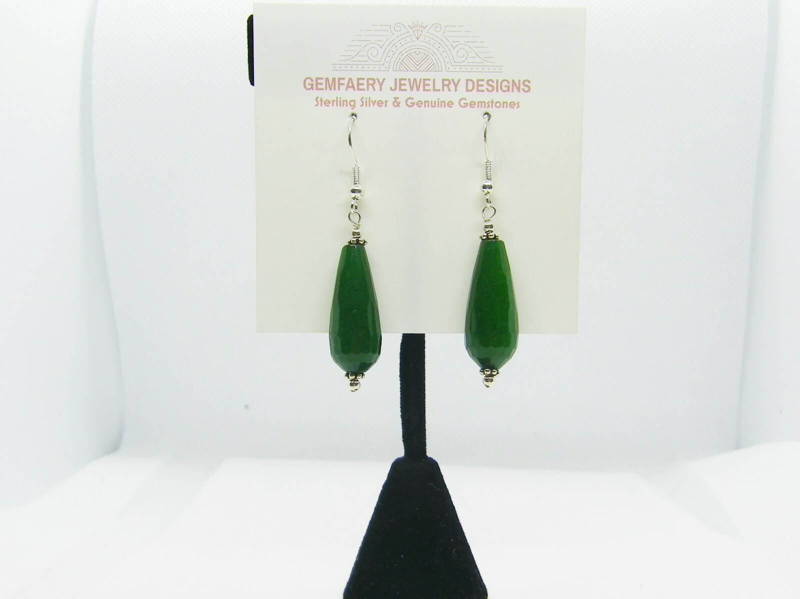 Sterling Silver Faceted NEPHRITE JADE Teardrop Dangle Earrings...Handmade USA