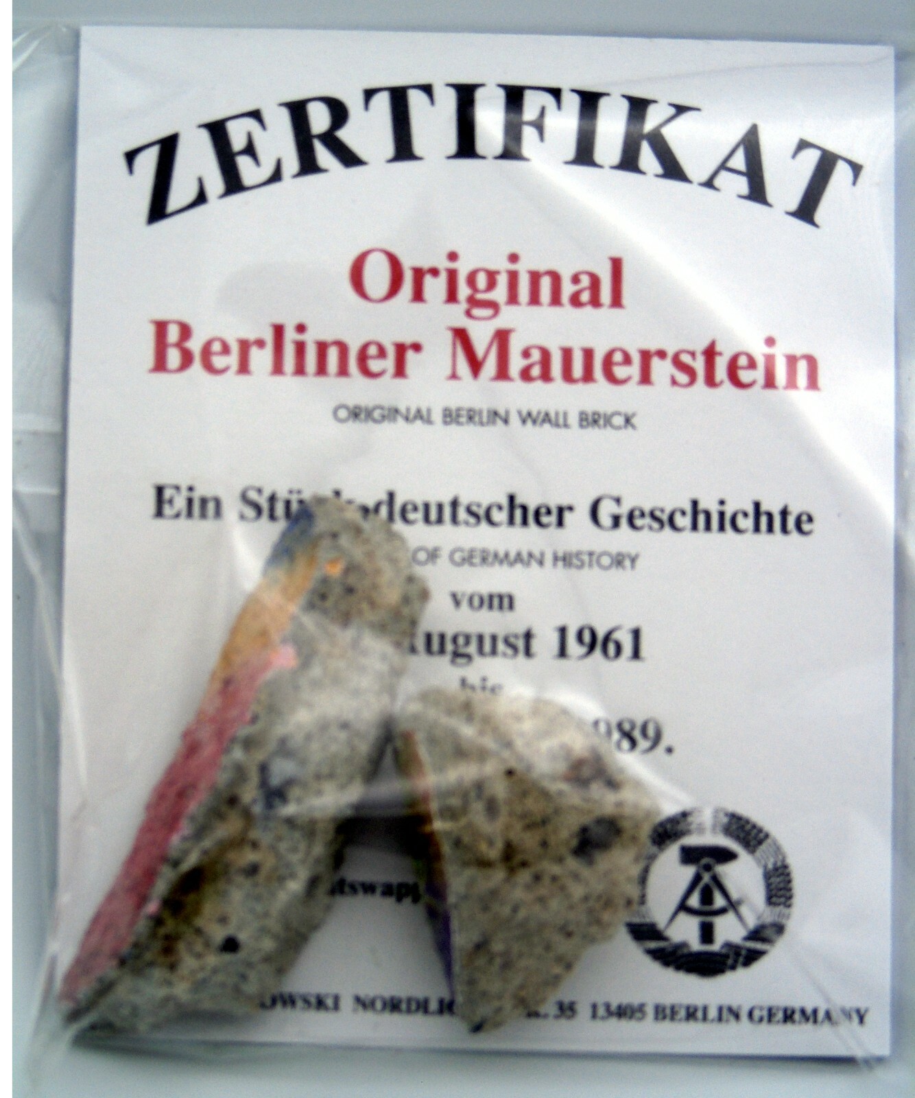Real Piece of the BERLIN WALL with Certificate of Authenticity, Small
