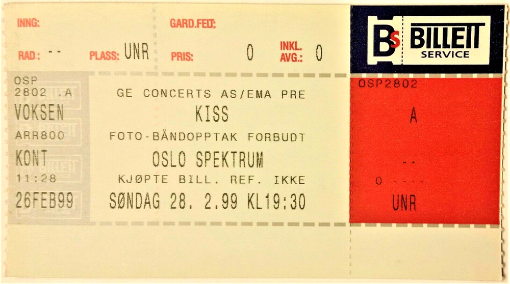 ** KISS ** -- 1999 - UNUSED ORIGINAL COMPLIMENTARY TICKET - NORWAY - ACE FREHLEY