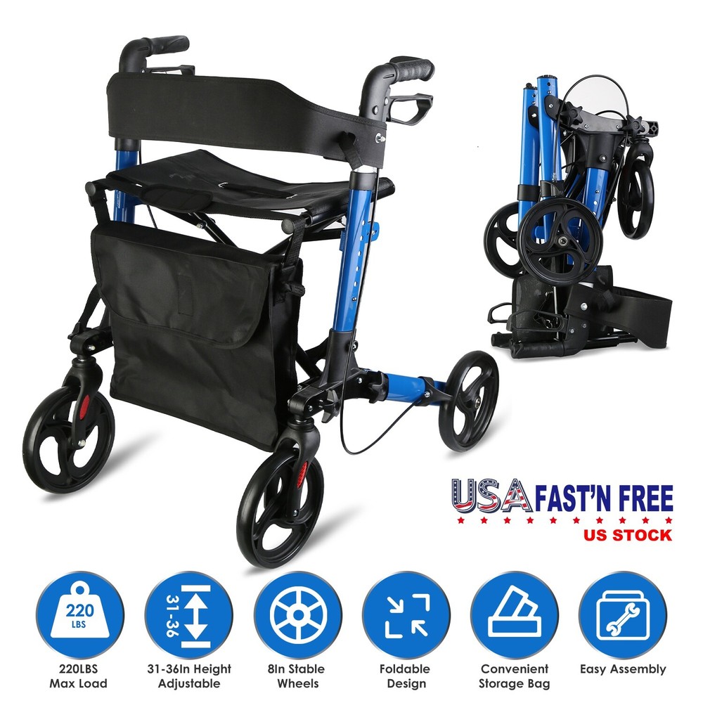 All-Terrain Rollator Walker for Seniors Rubber Wheels Foldable Lightweight