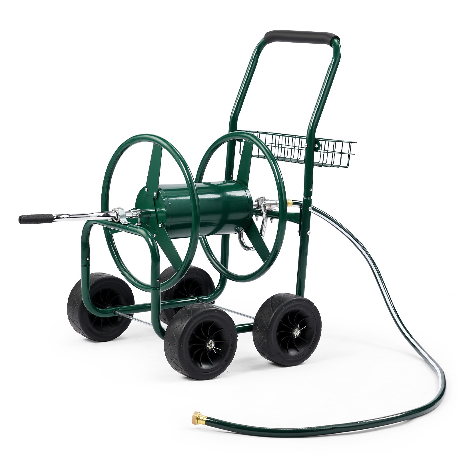 Hose Reel Cart with Storage Basket Green Holds 250 ft Hose