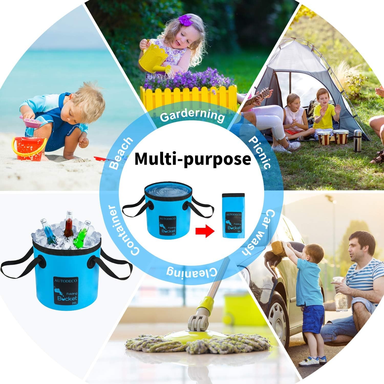 AUTODECO Collapsible Bucket 5 Gallon Container Folding Water 20L-1Pcs, Blue