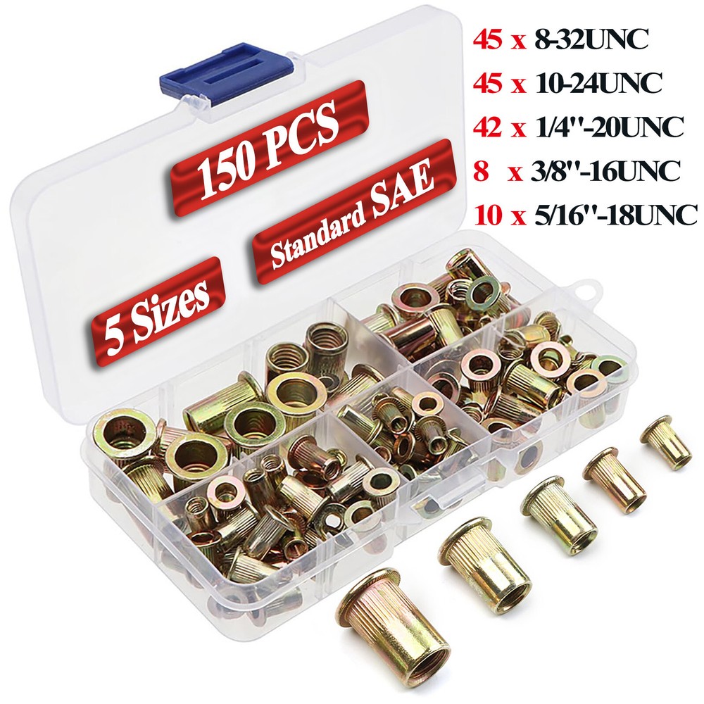 150pcs Zinc Steel Rivet Nut Kit Rivnut Insert Nutsert Assort SAE Threaded