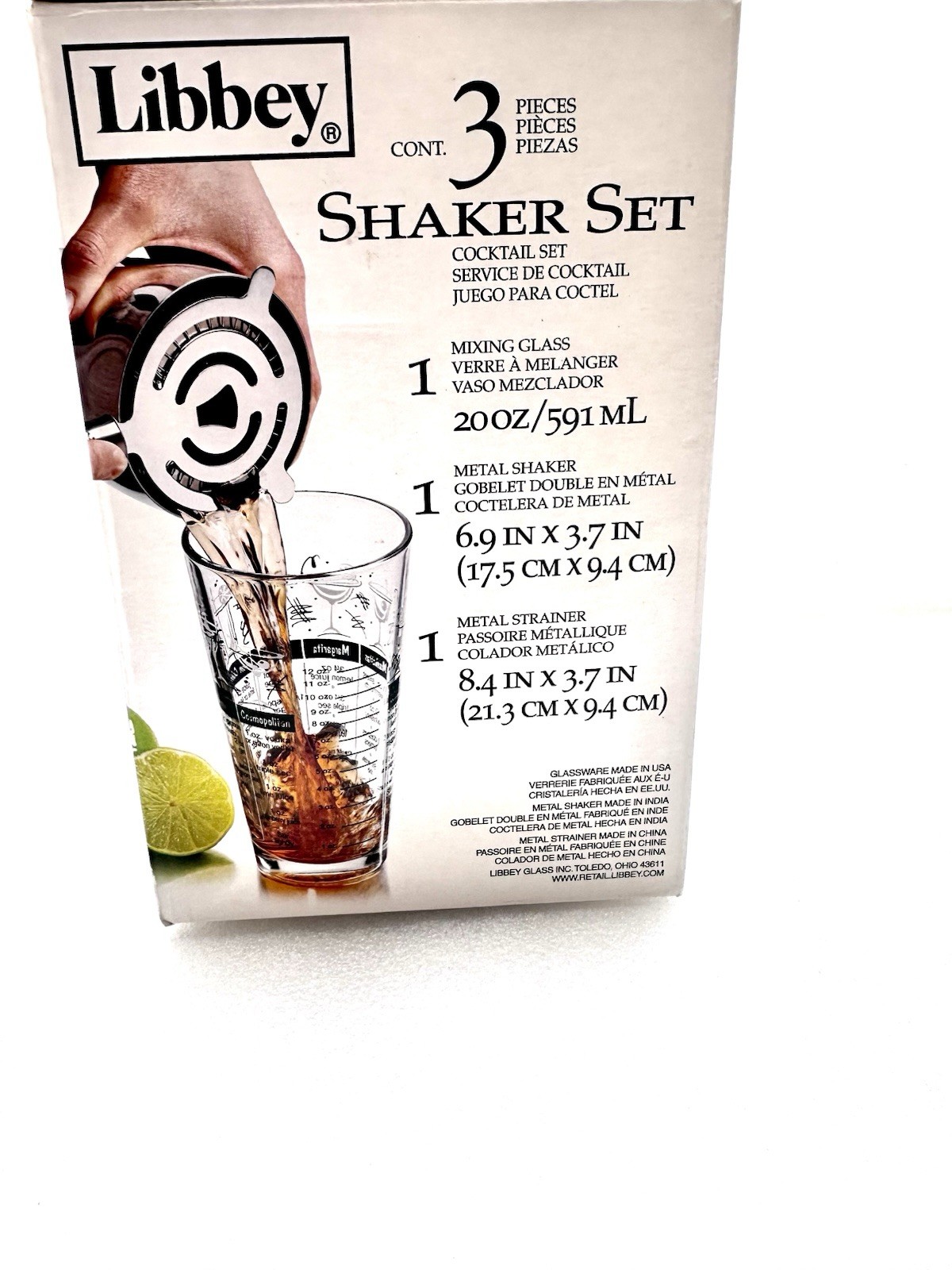 NEW 5 Pc Cocktail Shaker Kit Bar Mixing Recipe Glass Strainer Bartender Set