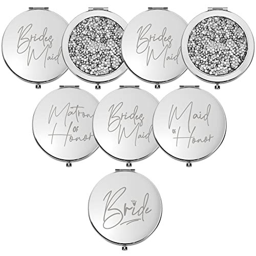 8 Pcs Bridesmaid Compact Mirrors Bulk Magnifying Makeup Silver, White