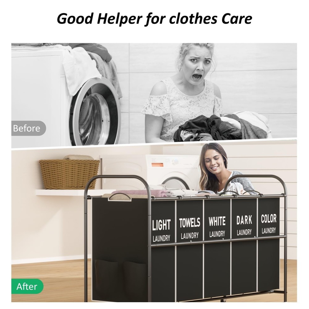 5-Section Laundry Sorter Cart, Large Laundry Hamper with Lockable Rolling Whe...