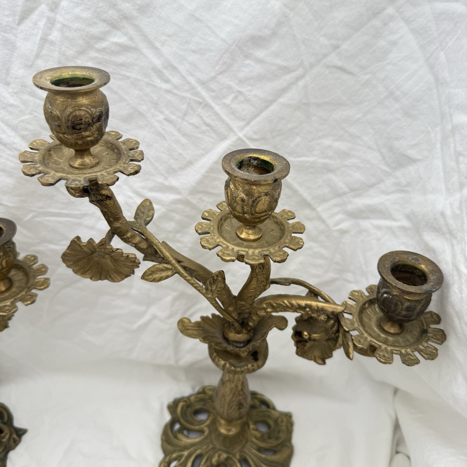 Vtg Triple Candelabra Ornate Floral Heavy Brass Candlesticks Candle Holders Pair