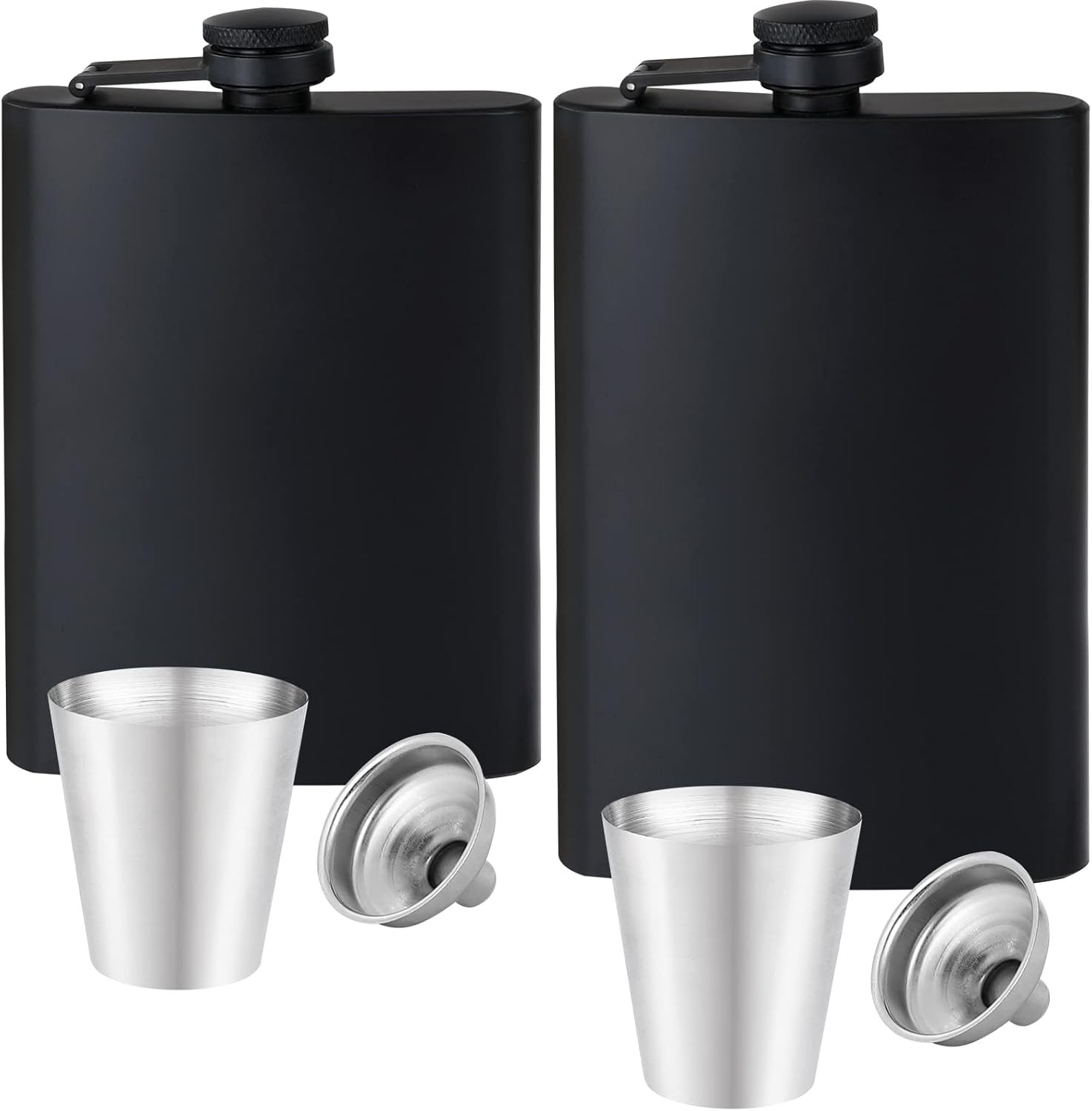 2 Pack Stainless Steel Hip Flask Set with Funnel & Cups Matte Black 8oz 12oz