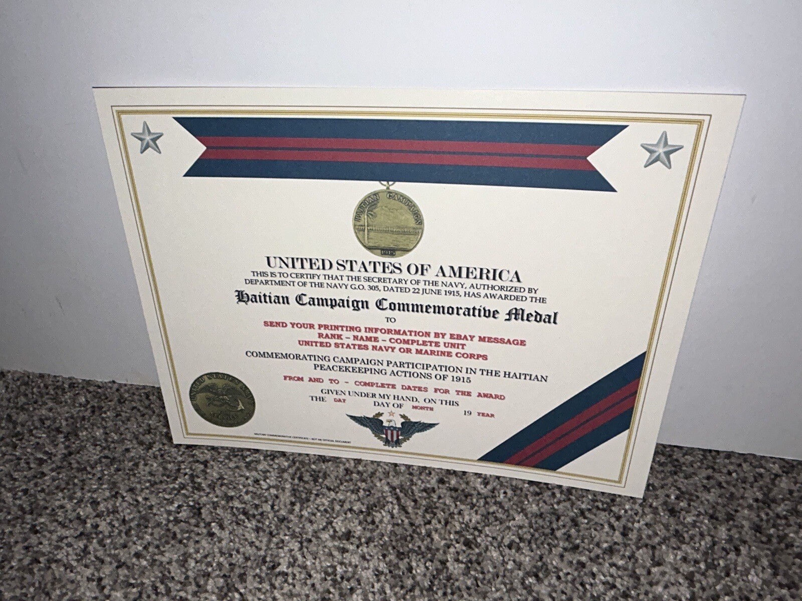 HAITIAN CAMPAIGN (NAVY) COMMEMORATIVE MEDAL CERTIFICATE ~ W/PRINTING TYPE-1
