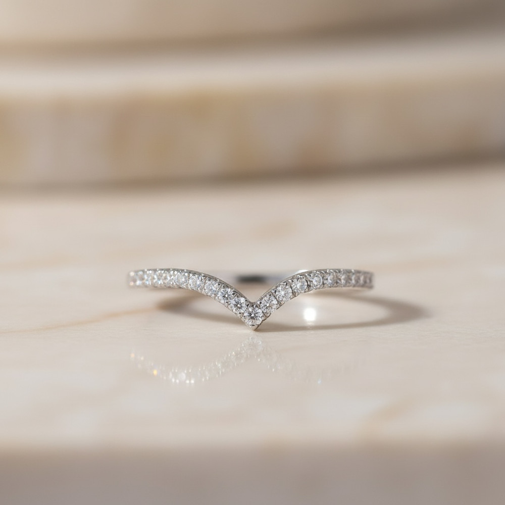 V Shaped Ring | Solid Silver Chevron Ring | | Thin Pave Wishbone Stacking Band