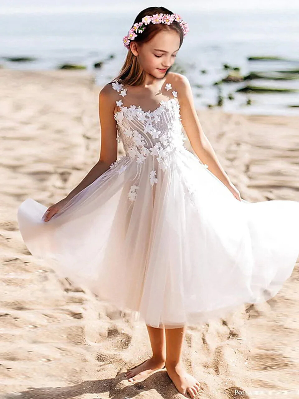 Off Shoulder Scoop Flower Girl Dresses For Wedding Tulle Lace Applique Beach