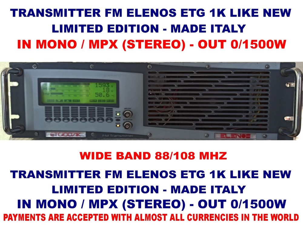 Broadcast Professional Transmitter FM  Elenos ETG 1K 1500 watt - 88-108 Mhz