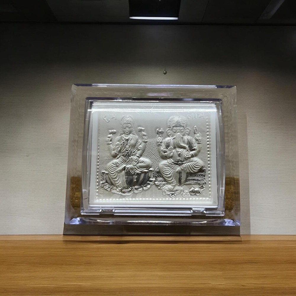 Pure Silver Laxmi Ganesh Frame Tabletop Stand Suitable for Gifting 3x2.5 In