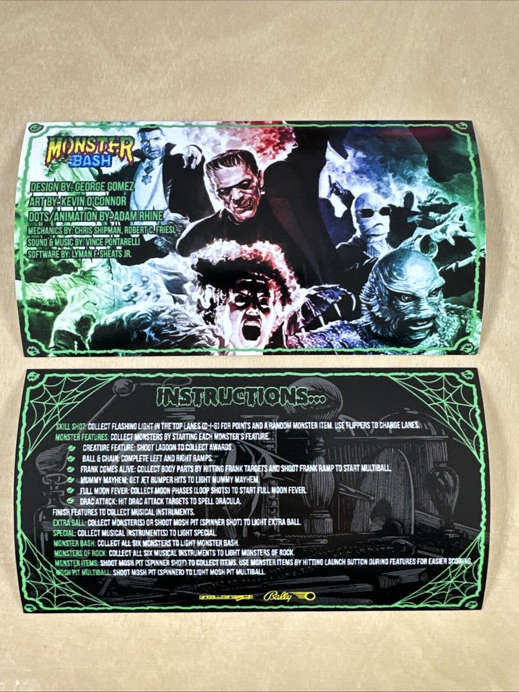 Bally Monster Bash Pinball Apron Cards