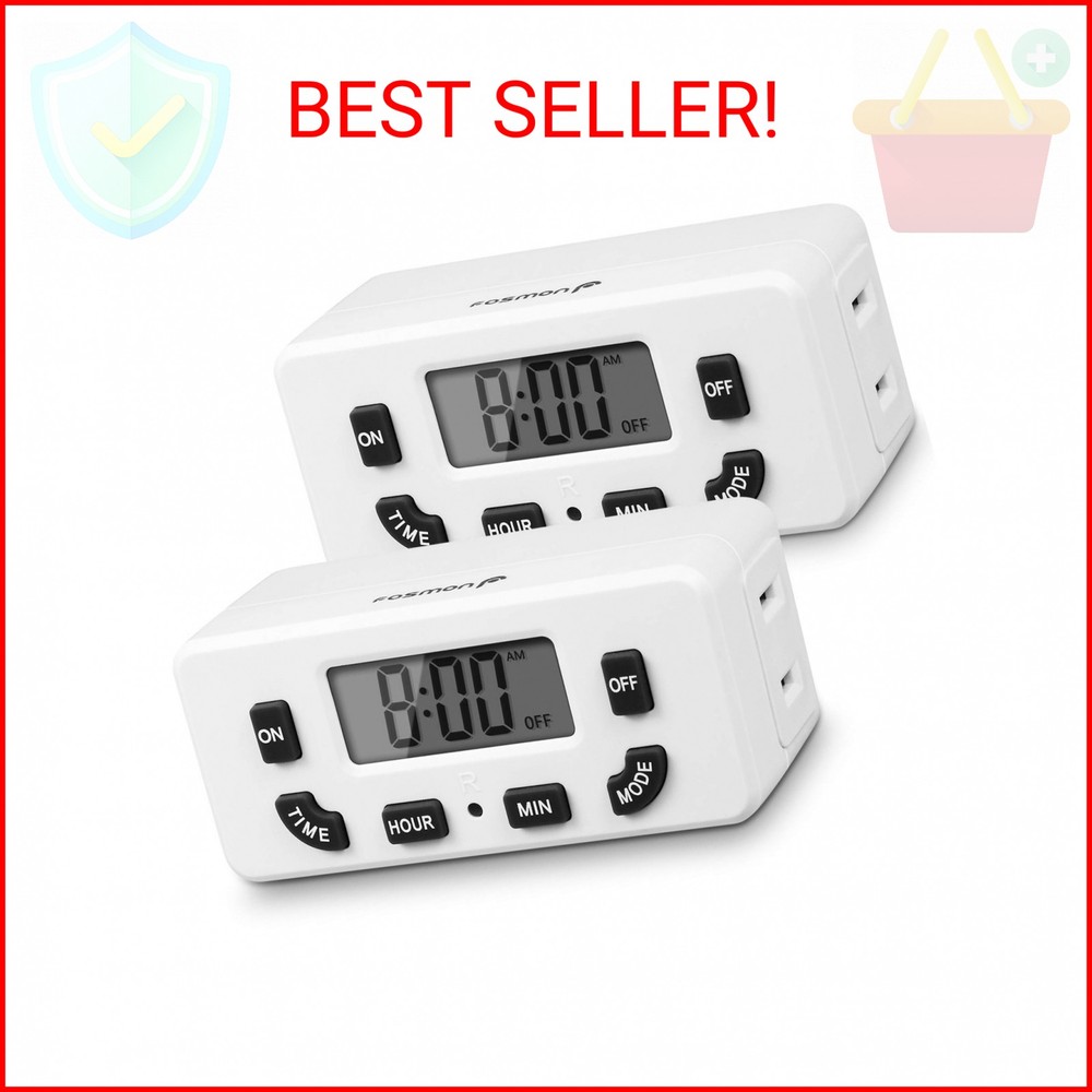 Fosmon 24 Hour Programmable Digital Timer Outlet (2 Pack), ON/Off Program, LCD D