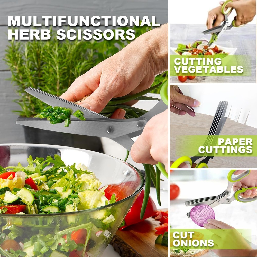 2 Pack Green Herb Scissors, Shallot Multipurpose 5 Blade Green-b