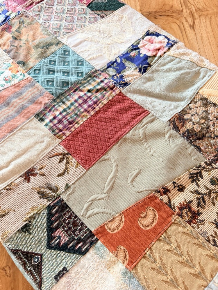 Vintage Crazy Quilt Patchwork Handmade Multi-Texture Boho 48" x 68" Eclectic