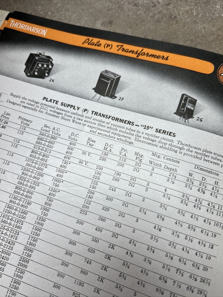 TRANSFORMERS BY THORDARSON COMPLETE CAT. NO 400-FX 1942 & COMPARISON DATA JB61