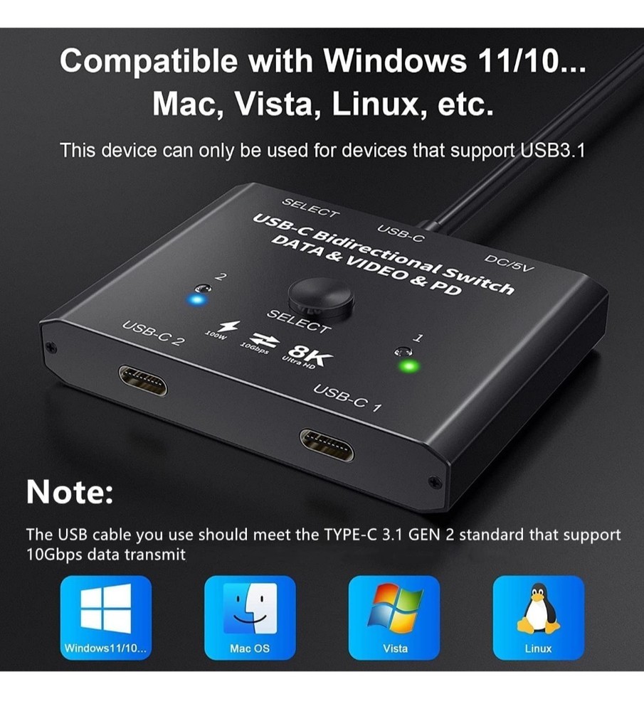 USB-C Switch, Bi-Directional USB-C Switcher 2 Computers, USB-C Switch 2 in 1 Out