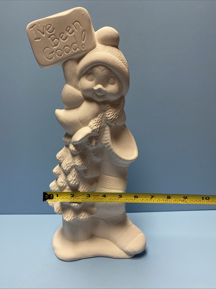 Ceramic Bisque Tree Climbing Penguin with Stocking Ready to Paint