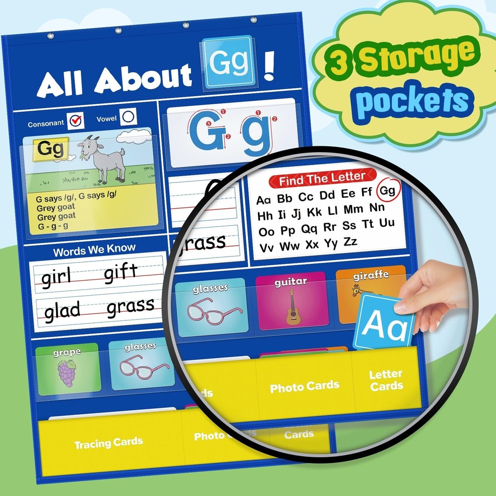 Alphabet Learning Pocket Chart, Circle Time Learning Center Alphabet Flash Ca...