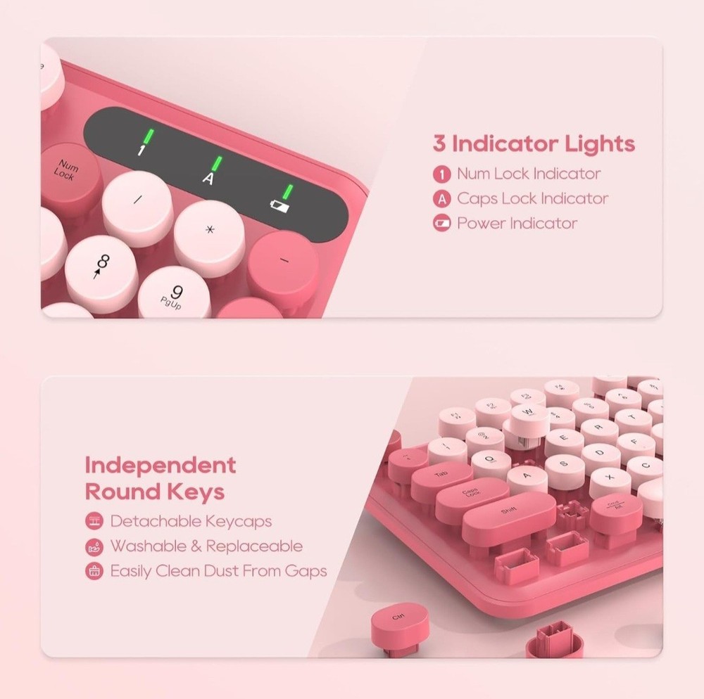 Wireless Keyboard and Mouse Combo - Round Keycaps, Full-Size Retro Typewriter...