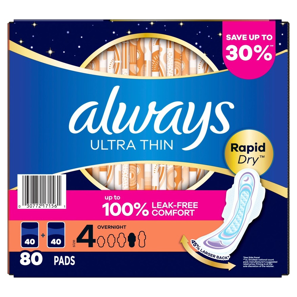 Always Ultra Thin Size 4 Overnight Pads With Wings Unscented (80 Count)