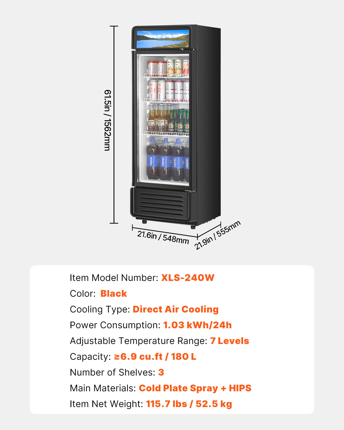 VEVOR Commercial Merchandiser Refrigerator 6.9 CU.FT Glass Door Beverage