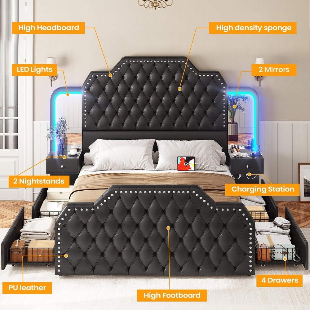 Queen Size Bed Frame with 4 Drawers &2 Nightstands with Mirror, Platform Bed