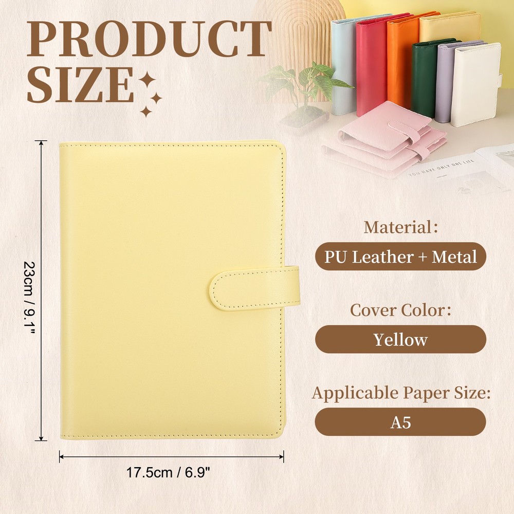 A5 PU Leather Binder Protector, 6 Ring Loose Leaf Notebook Shell, Yellow