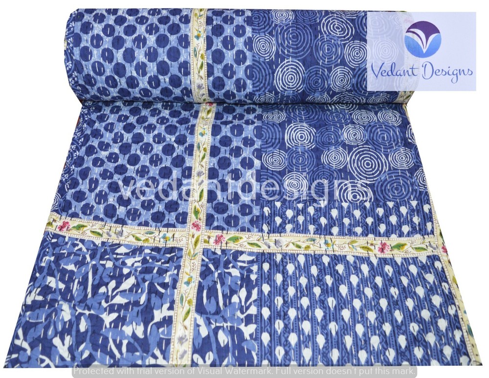 Indian Handmade Patchwork Kantha Quilt Reversible Bedspread Single Cotton