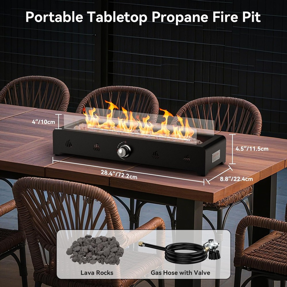 28'' Tabletop Fire Pit Table, Propane Gas Firepit Bottom Mounted for Table wi...
