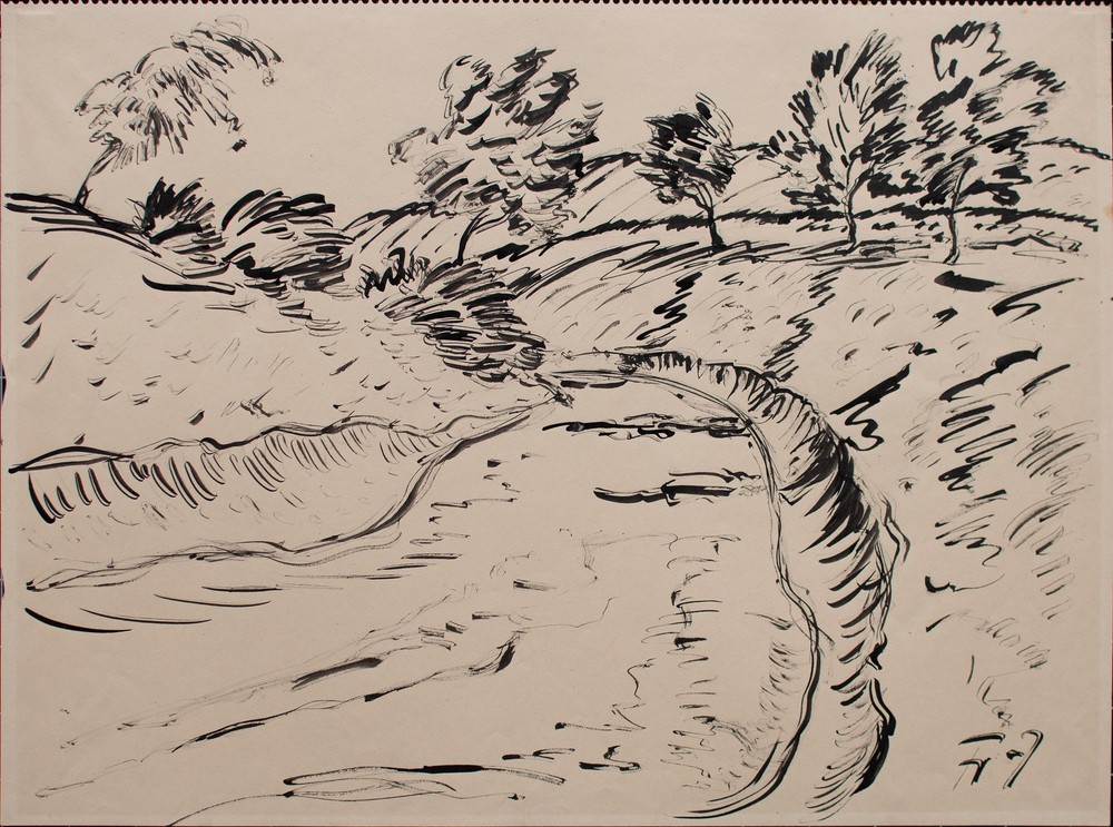 Fritz Zalisz Landscape Expressionism Signed Unique Ink Drawing 1920s