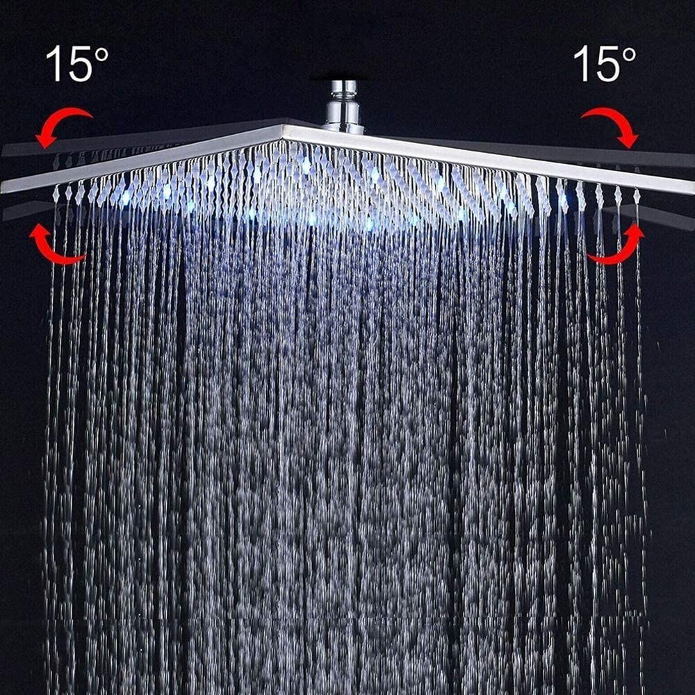 Chrome 16" LED Square Rainfall Adjustable Shower Head Overhead Top Sprayer