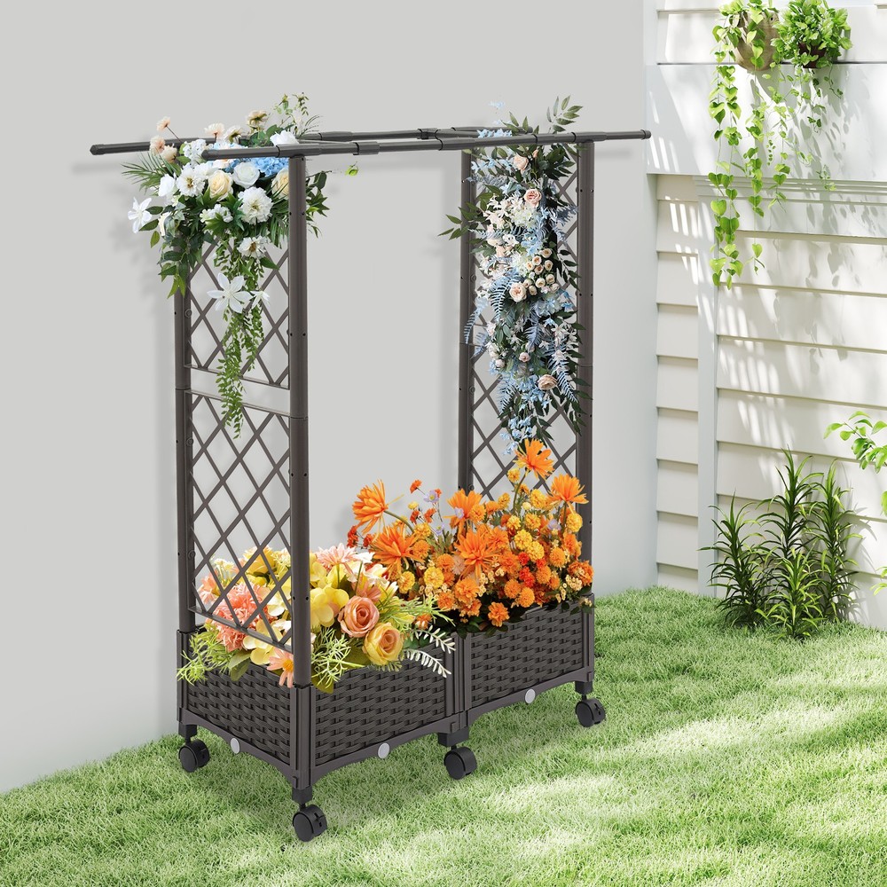 Grid-patterned Flower Box PP Planter Garden Box Brown Floor Standing with Wheels