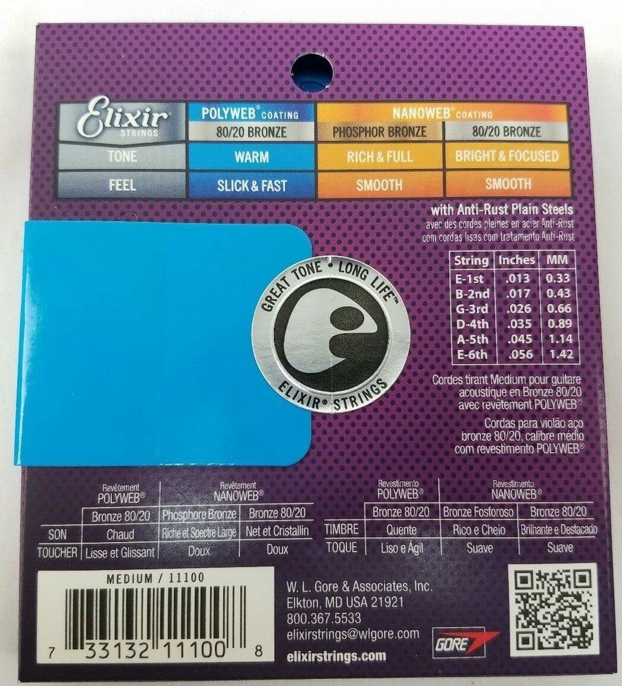 Elixir 11100 13-56 Gauge 80/20 Bronze Acoustic Guitar Strings w/Polyweb Coating