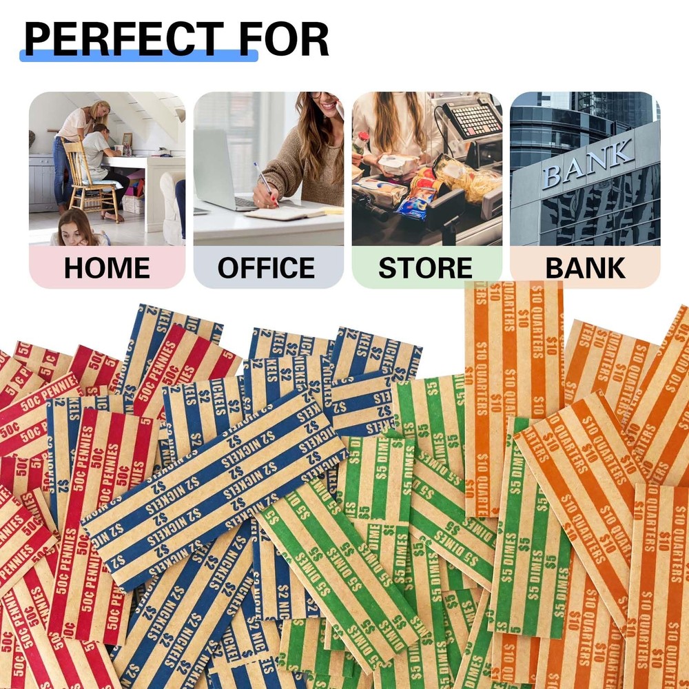 ESSENTIAL 100 pcs Assorted Packed Flat Stripped Coin Wrappers, 100-Assorted