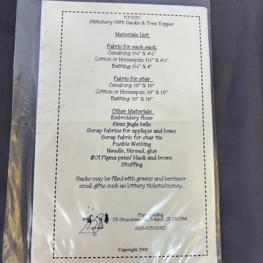 Stitchery Gift Sack Ornament & Tree Topper Hand Embroidery Patterns Plum Pudding