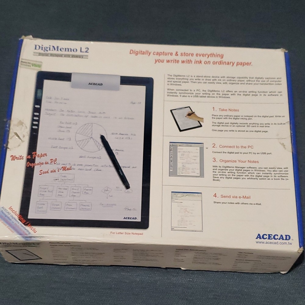 ACECAD DigiMemo L2 Graphics Tablet USB DM-L2 Stylus Handwriting Recognition